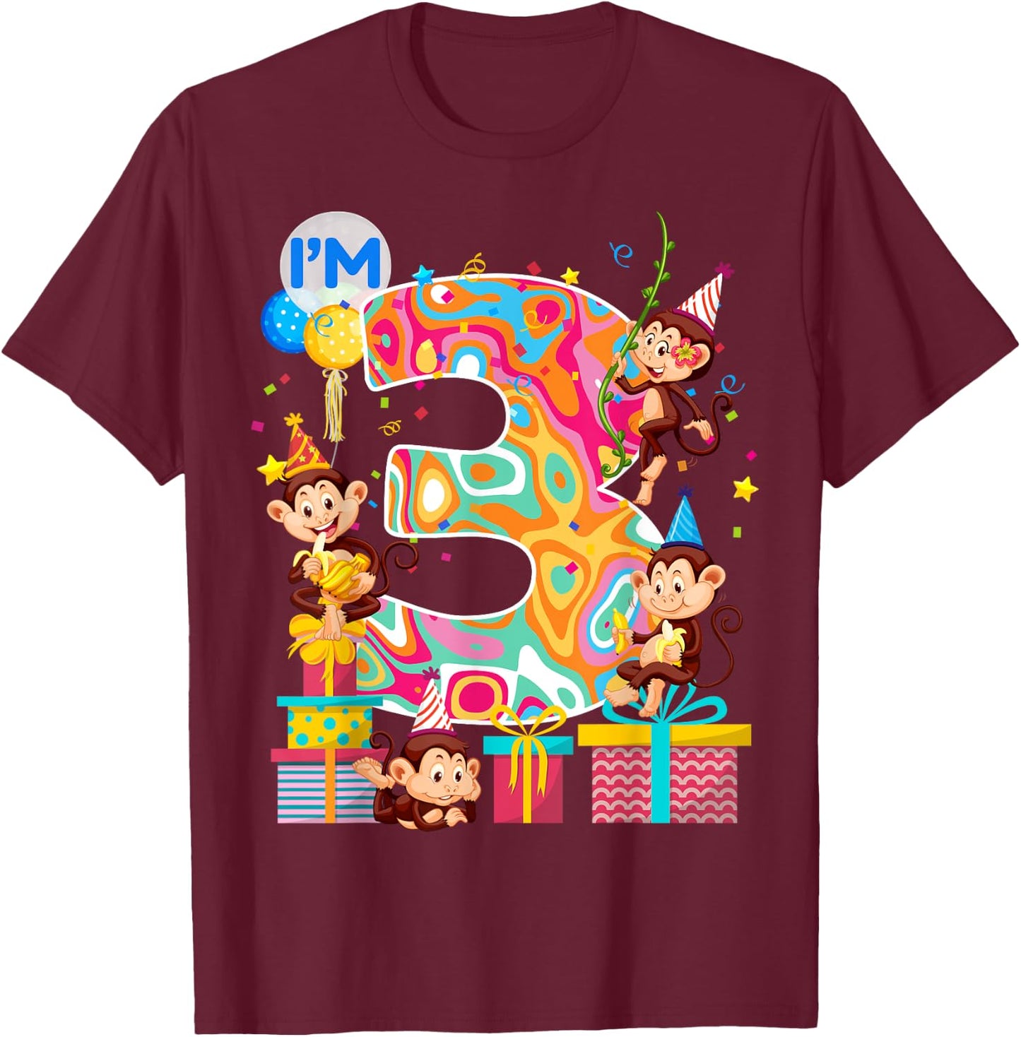 3rd B-Day Monkey Birthday Zoo Animal 3 Year Old Funny T-Shirt - T-Shirt | Maroon