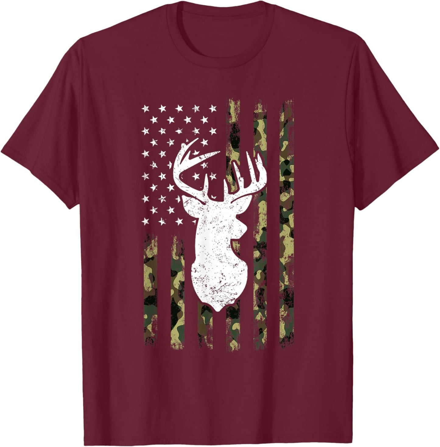 Hunting Shirt American Camouflage Flag Deer Silhouette T-Shirt - T-Shirt | Maroon