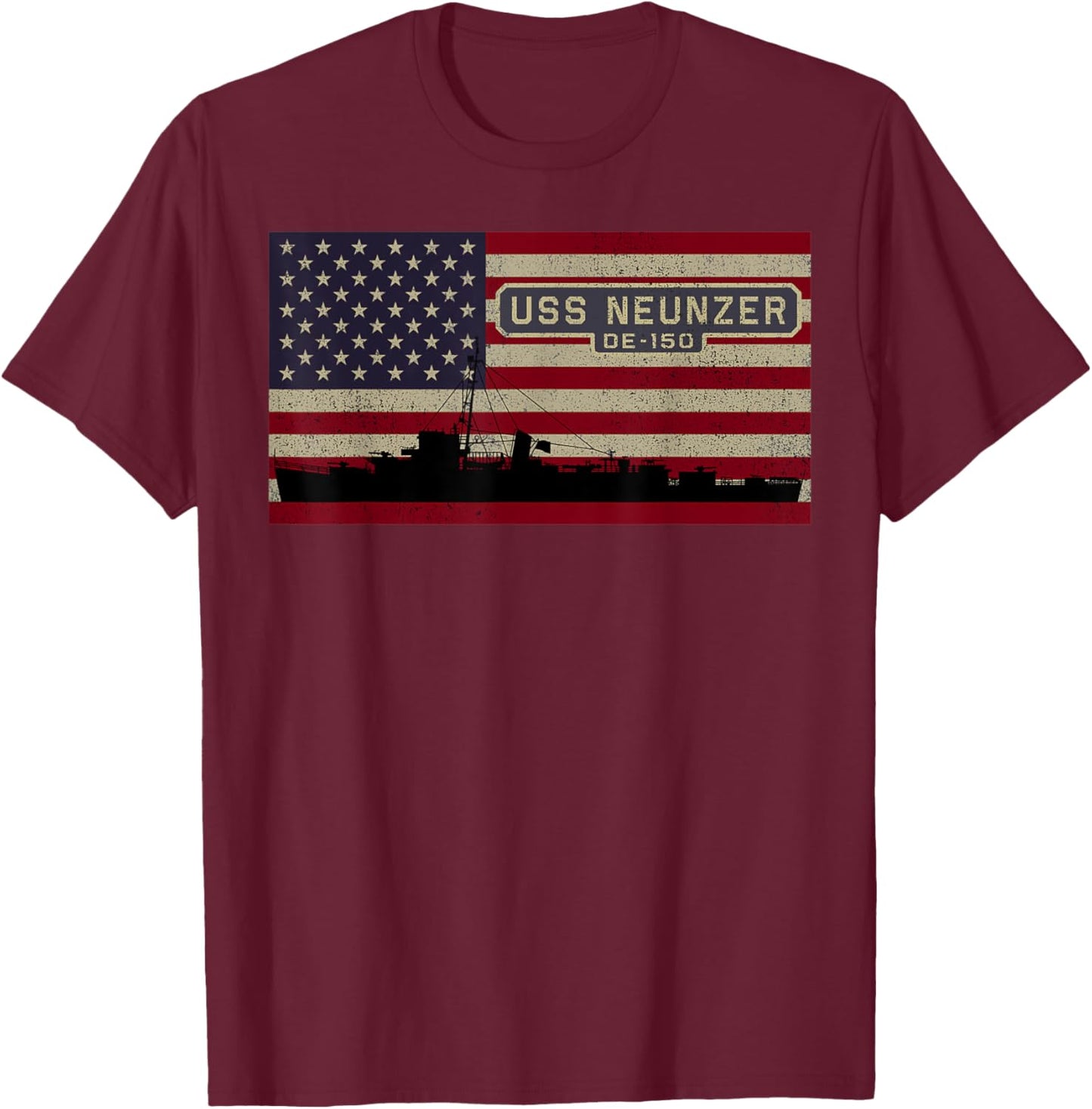 USS Neunzer DE-150 WW2 Ship American Flag T-Shirt - T-Shirt | Maroon