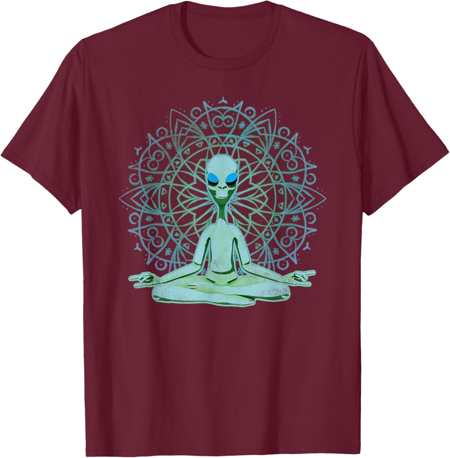 Alien Shirt UFO Mandala Meditating Green Alien Lotus Zen T-Shirt - T-Shirt | Maroon