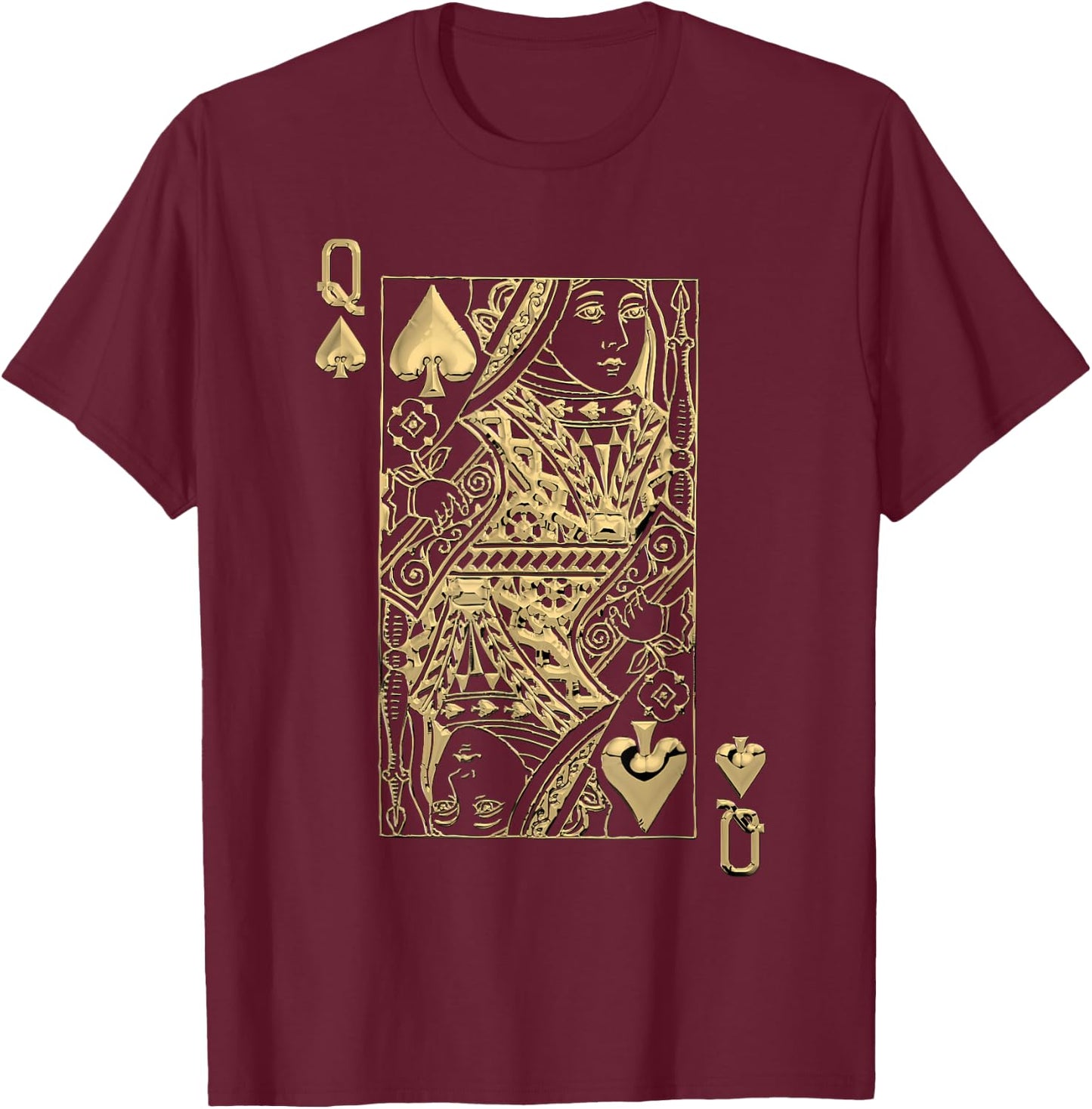 Playing Cards - Royal Flush - Queen of Spades in Gold T-Shirt - T-Shirt | Maroon
