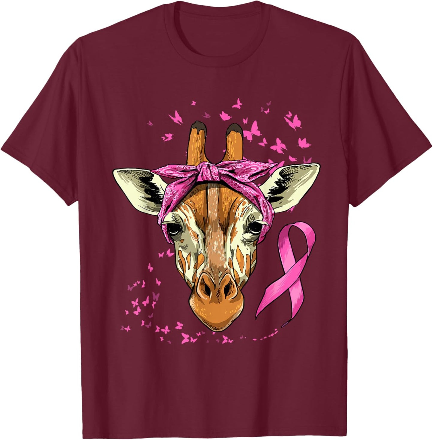 Giraffe Breast Cancer Awareness Pink Ribbon Cancer Survivor T-Shirt - T-Shirt | Maroon