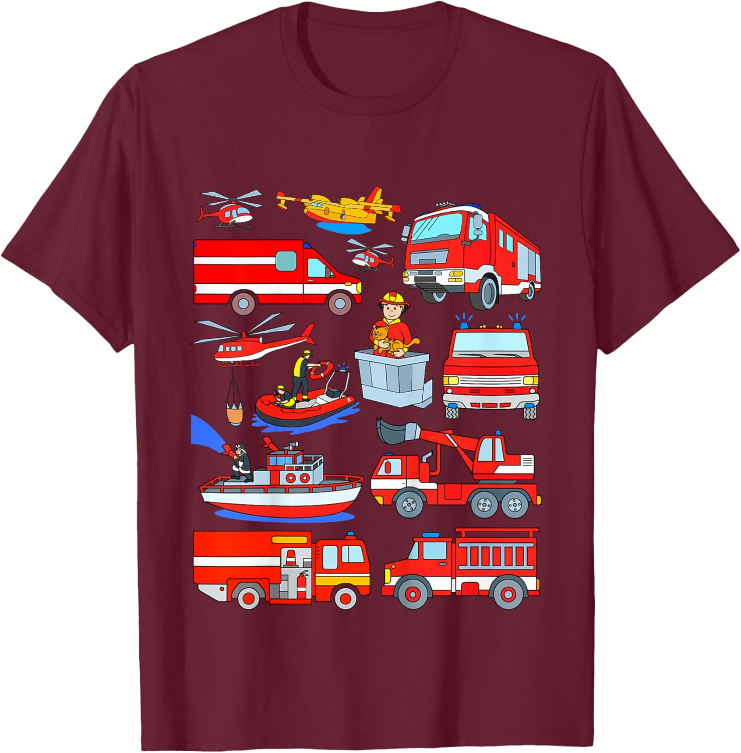 Kids Fire Truck Fireman Cat Rescue Boat Plane Firefighters Boy T-Shirt - T-Shirt | Maroon