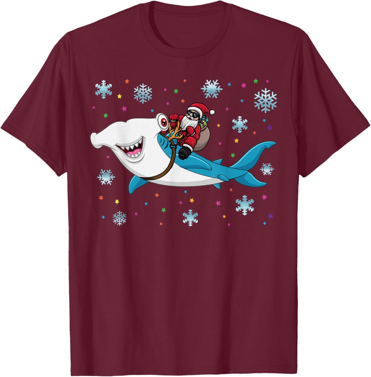 Santa Riding Hammerhead Shark Adorable Kids Boys Christmas T-Shirt - T-Shirt | Maroon