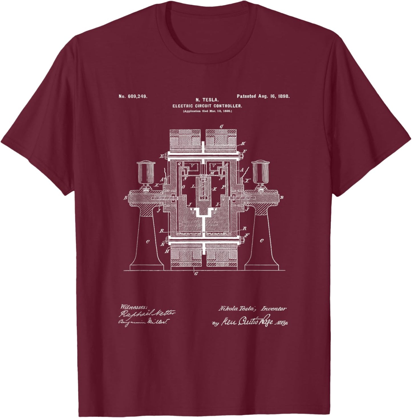 Tesla Electric Switch Regulator Patent Diagram Electrician T-Shirt - T-Shirt | Maroon