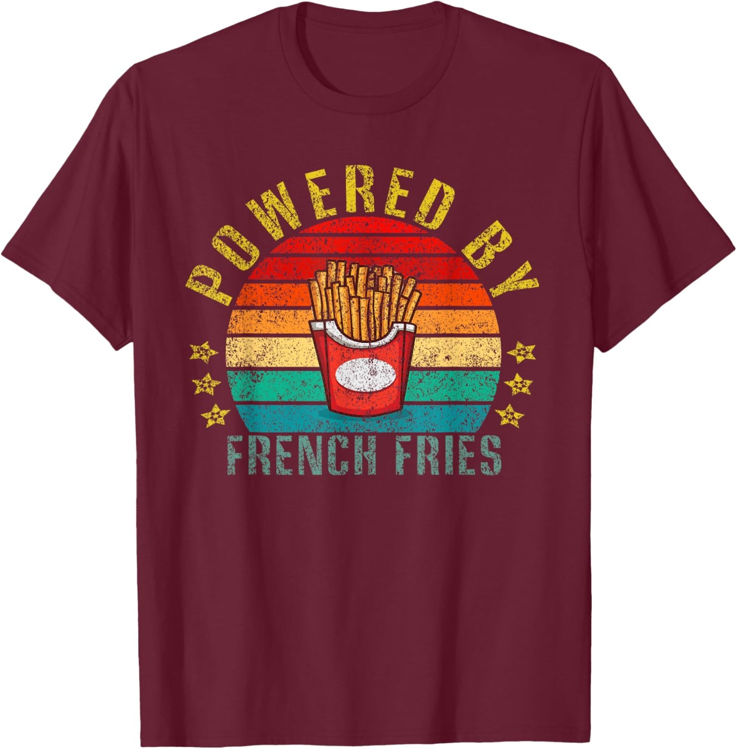 Powered By French Fries Funny Retro T-Shirt - T-Shirt | Maroon