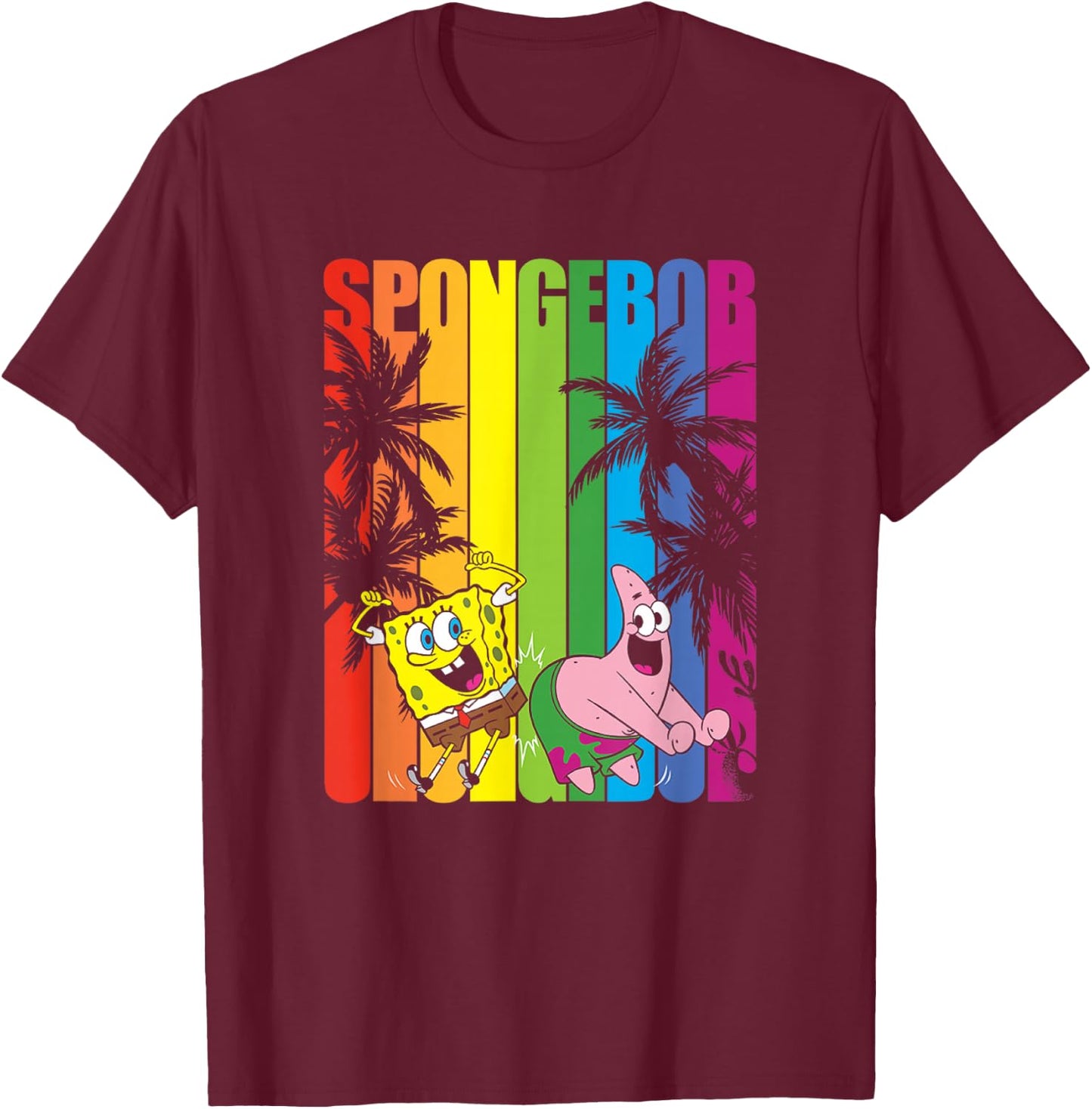 SpongeBob SquarePants SpongeBob & Patrick Rainbow Palm Trees T-Shirt - T-Shirt | Maroon
