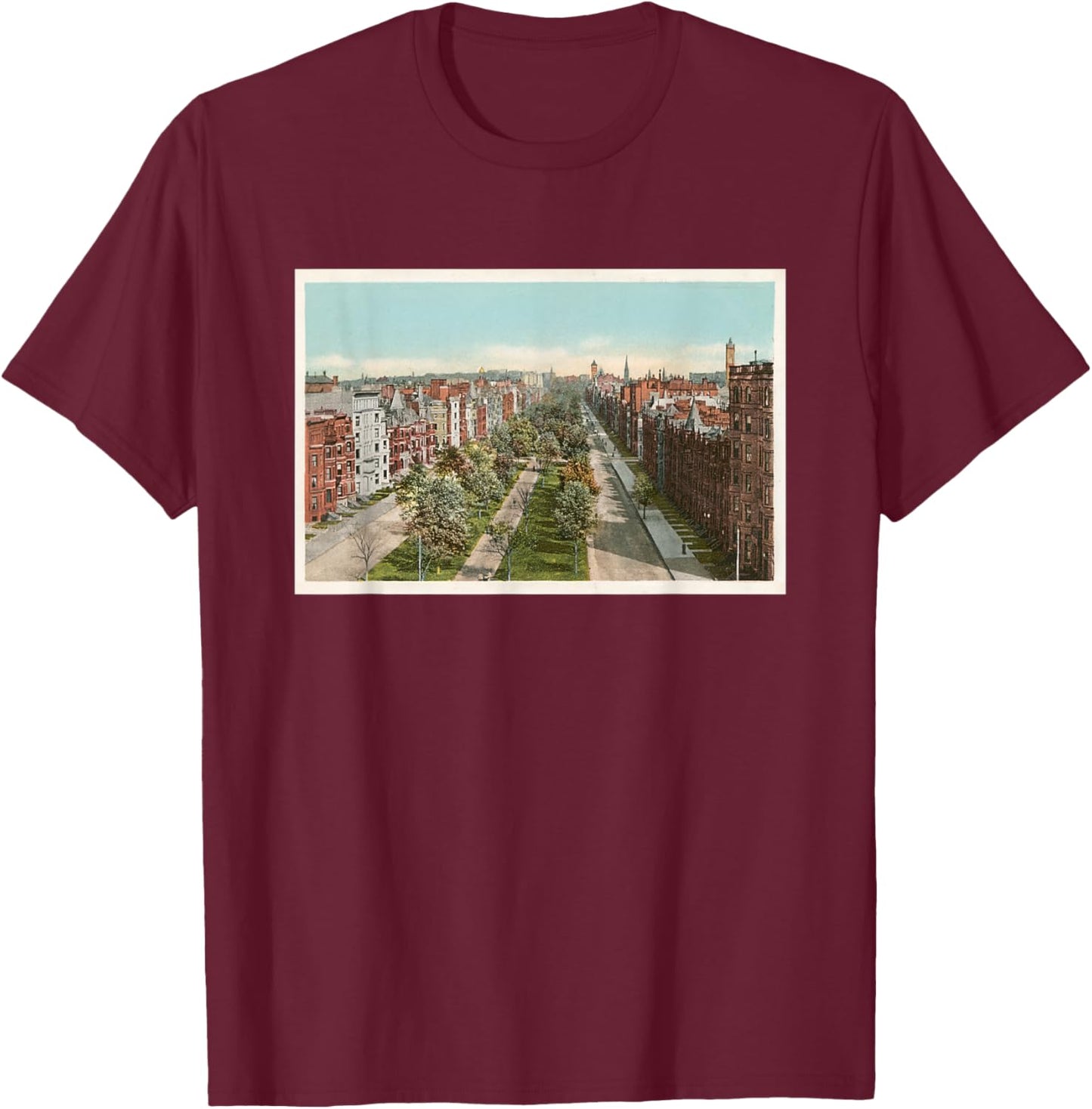 Boston Commonwealth Ave Illustration (1904) T-Shirt - T-Shirt | Maroon