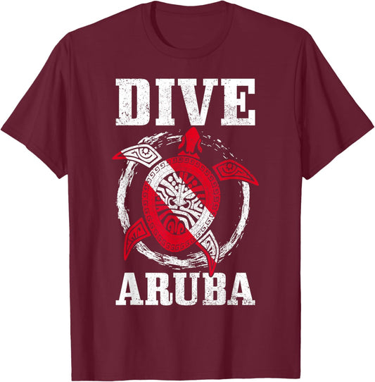 Aruba Diving Flag Sea Turtle Diver Diving T-Shirt - T-Shirt | Maroon