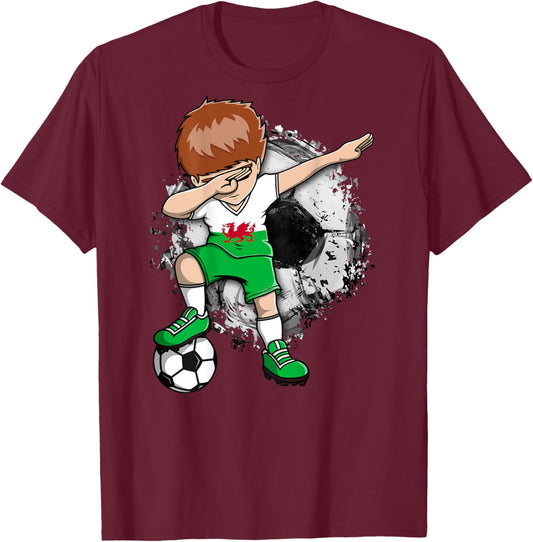 Dabbing Soccer Boy - Wales Jersey Welsh Football Lover Sport T-Shirt - T-Shirt | Maroon