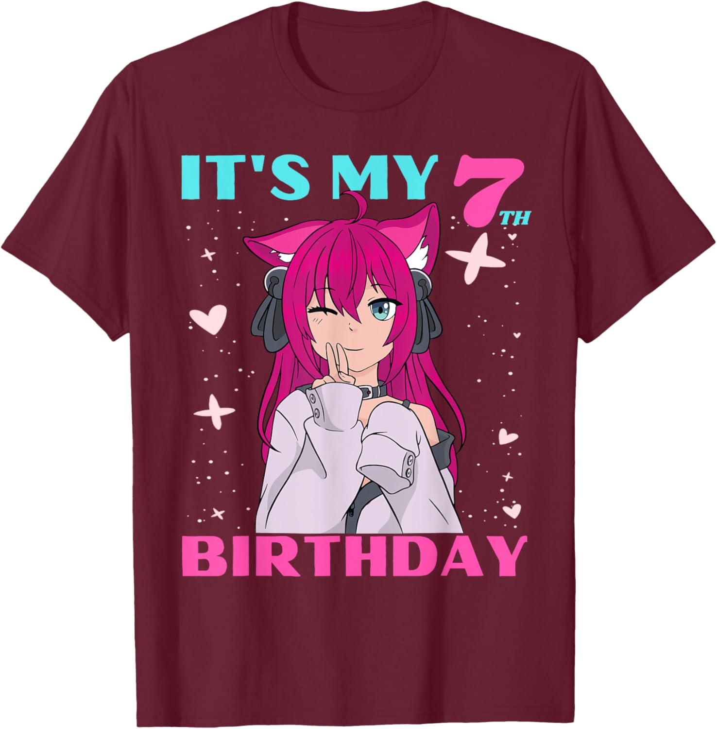 Anime Girl It's My 7th Birthday 7 Years Birthday Girl Kawaii T-Shirt - T-Shirt | Maroon