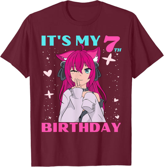 Anime Girl It's My 7th Birthday 7 Years Birthday Girl Kawaii T-Shirt - T-Shirt | Maroon