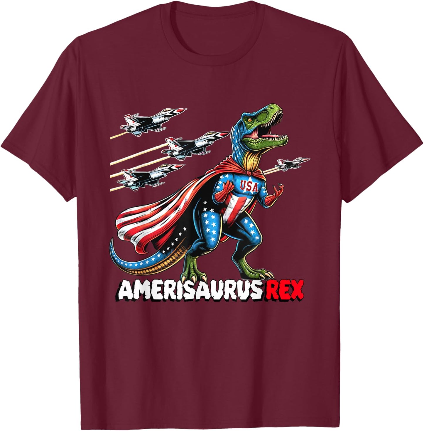 Amerisaurus T-Rex Patriotic Boys Girl 4th of July Flag Jets T-Shirt - T-Shirt | Maroon