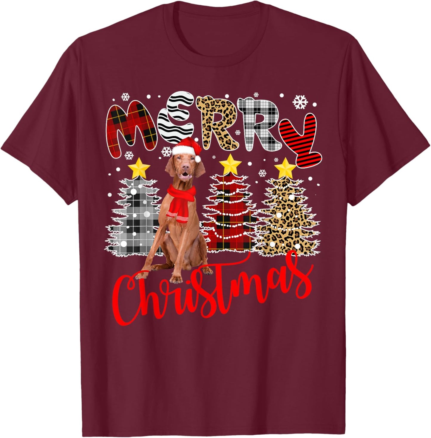 Vizsla Merry Christmas Tree Leopard Plaid Printed T-Shirt - T-Shirt | Maroon