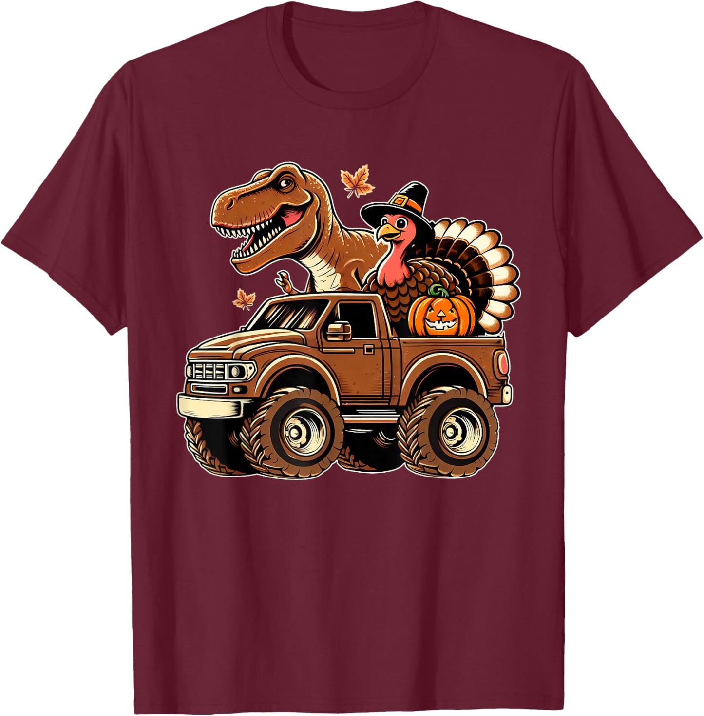Happy Thanksgiving Dinosaur Turkey Riding Truck Kids Boys T-Shirt - T-Shirt | Maroon
