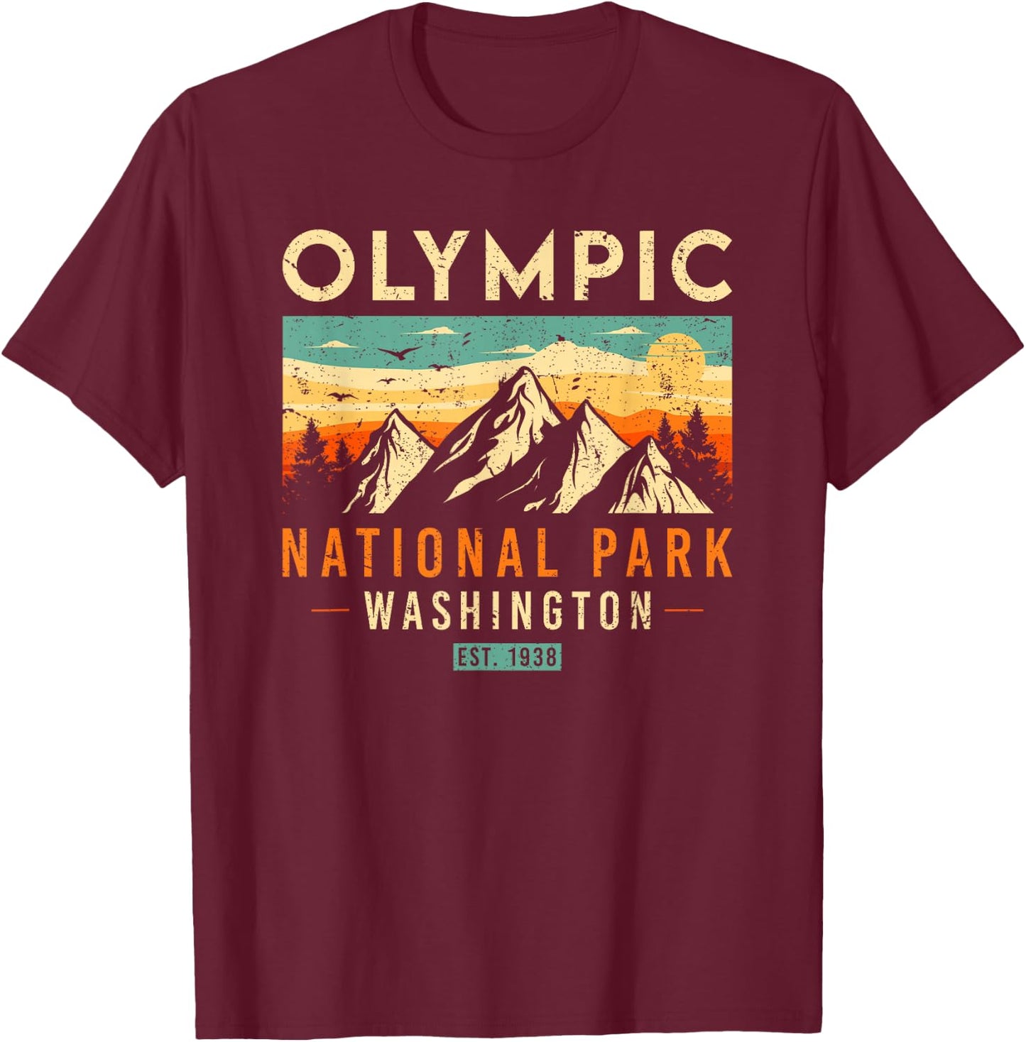 National Parks US Store Olympic Est 1938 Washington Retro National Park T-Shirt - T-Shirt | Maroon