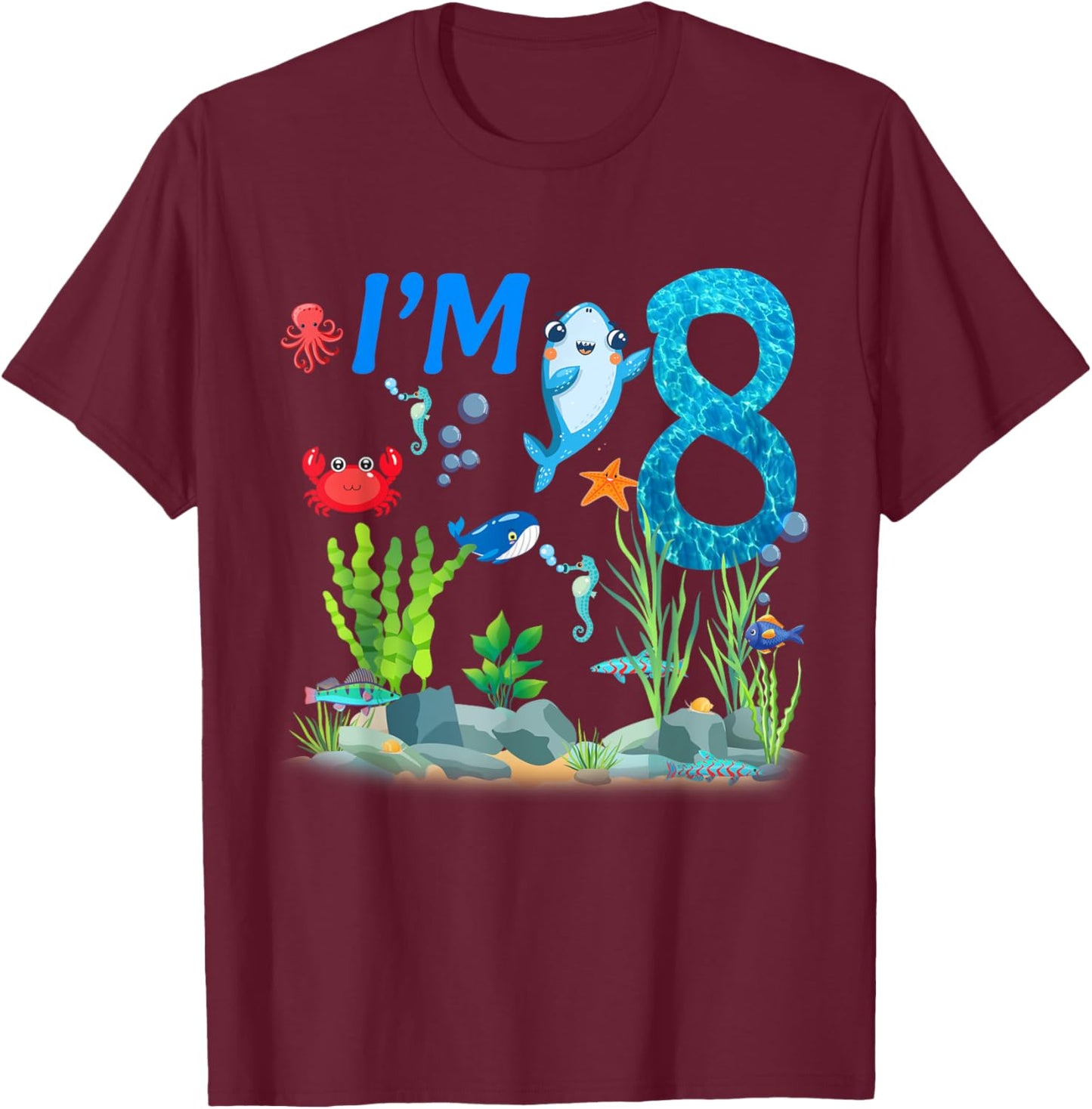 8 Year Old Ocean themed birthday Under the sea 8th birthday T-Shirt - T-Shirt | Maroon