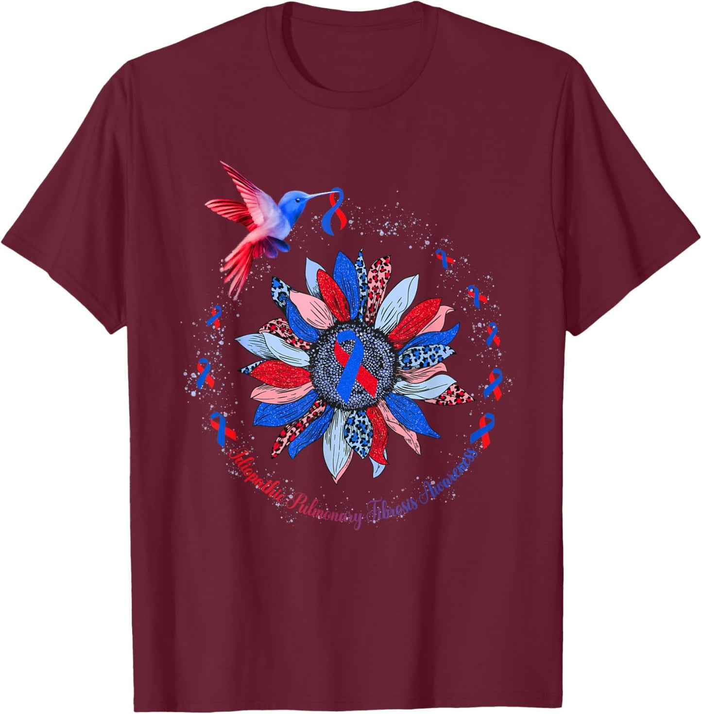 Sunflower Hummingbird Red Blue Ribbon Idiopathic Pulmonary T-Shirt - T-Shirt | Maroon
