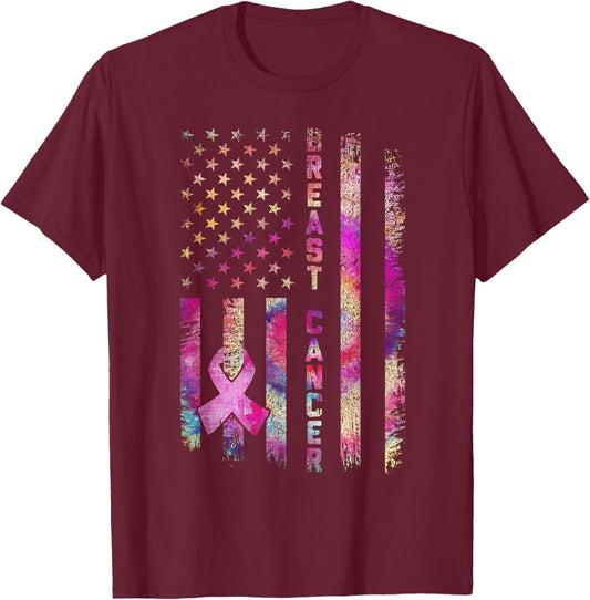 American Flag Breast Cancer Awareness Support Tie Dye T-Shirt - T-Shirt | Maroon