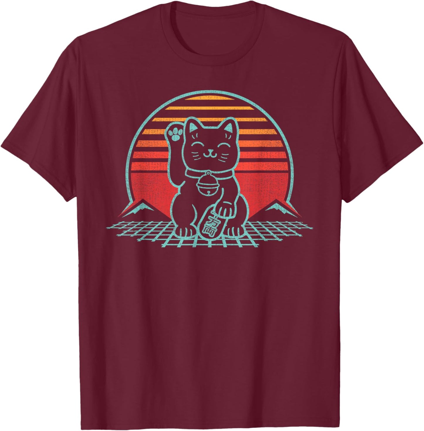 Maneki Neko Japanese Lucky Cat Retro Aesthetic Kawaii Small T-Shirt - T-Shirt | Maroon