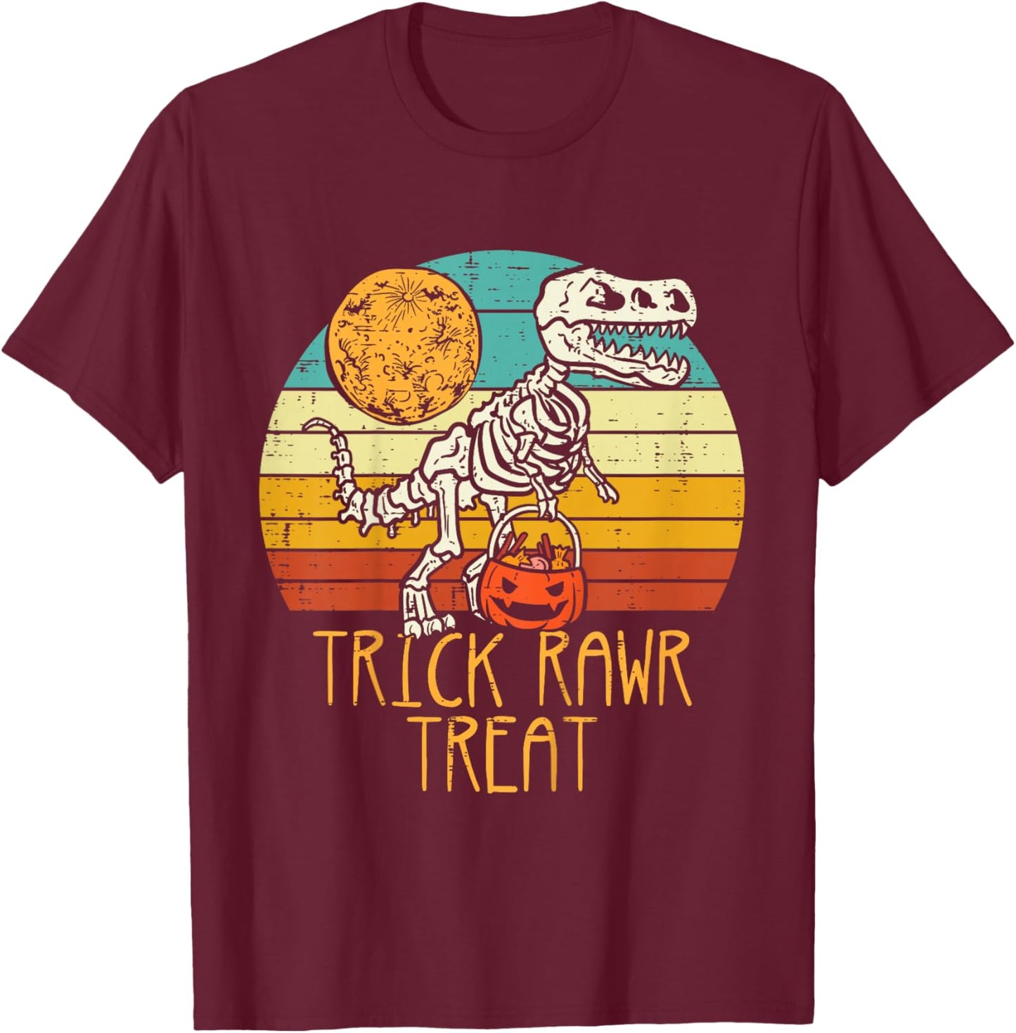 Kids Trick Rawr Treat Skeleton Dino Trex Toddler Boys Halloween T-Shirt - T-Shirt | Maroon