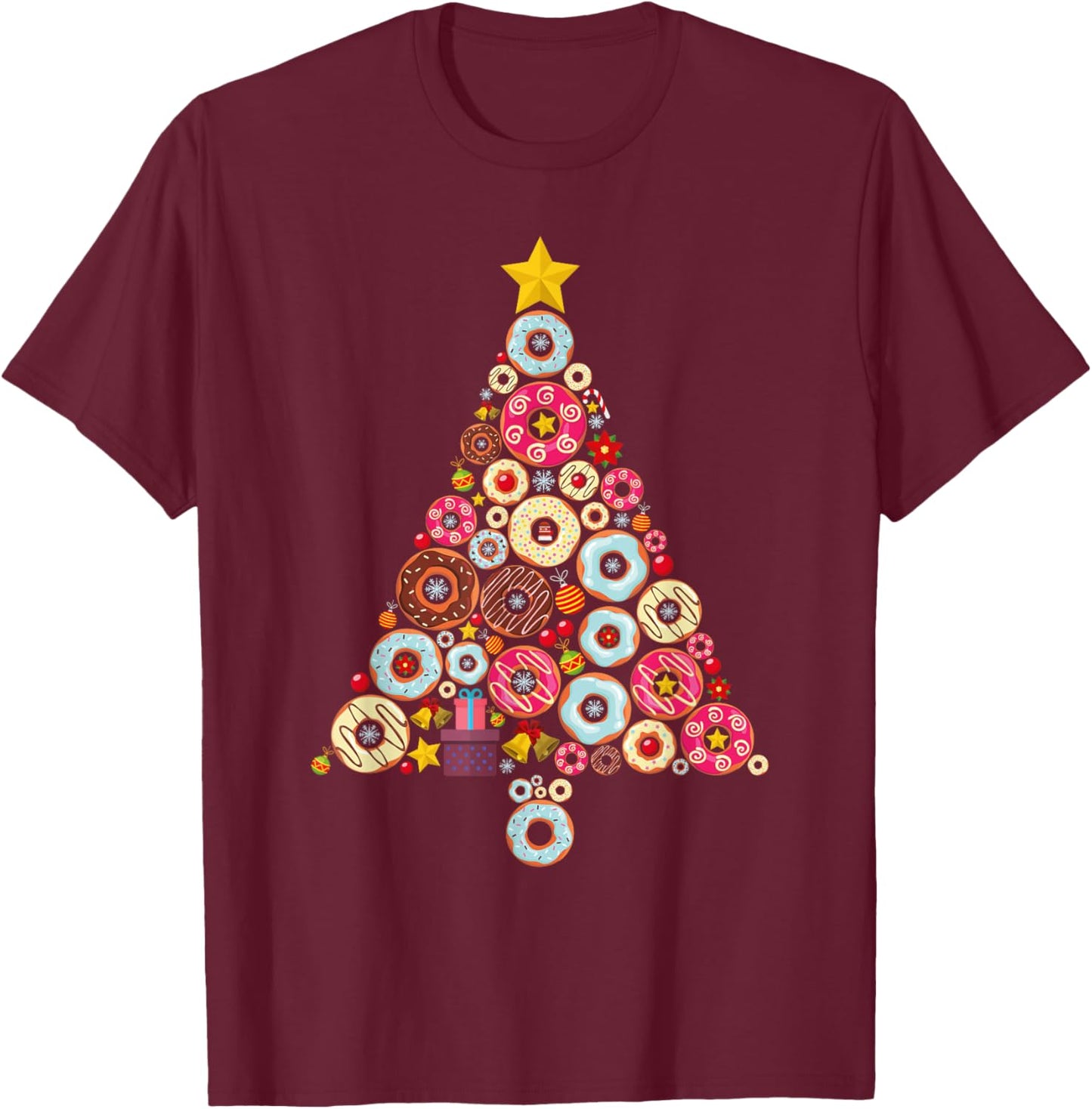Donuts Christmas Tree Funny Doughnut Xmas Women Men Kids T-Shirt - T-Shirt | Maroon