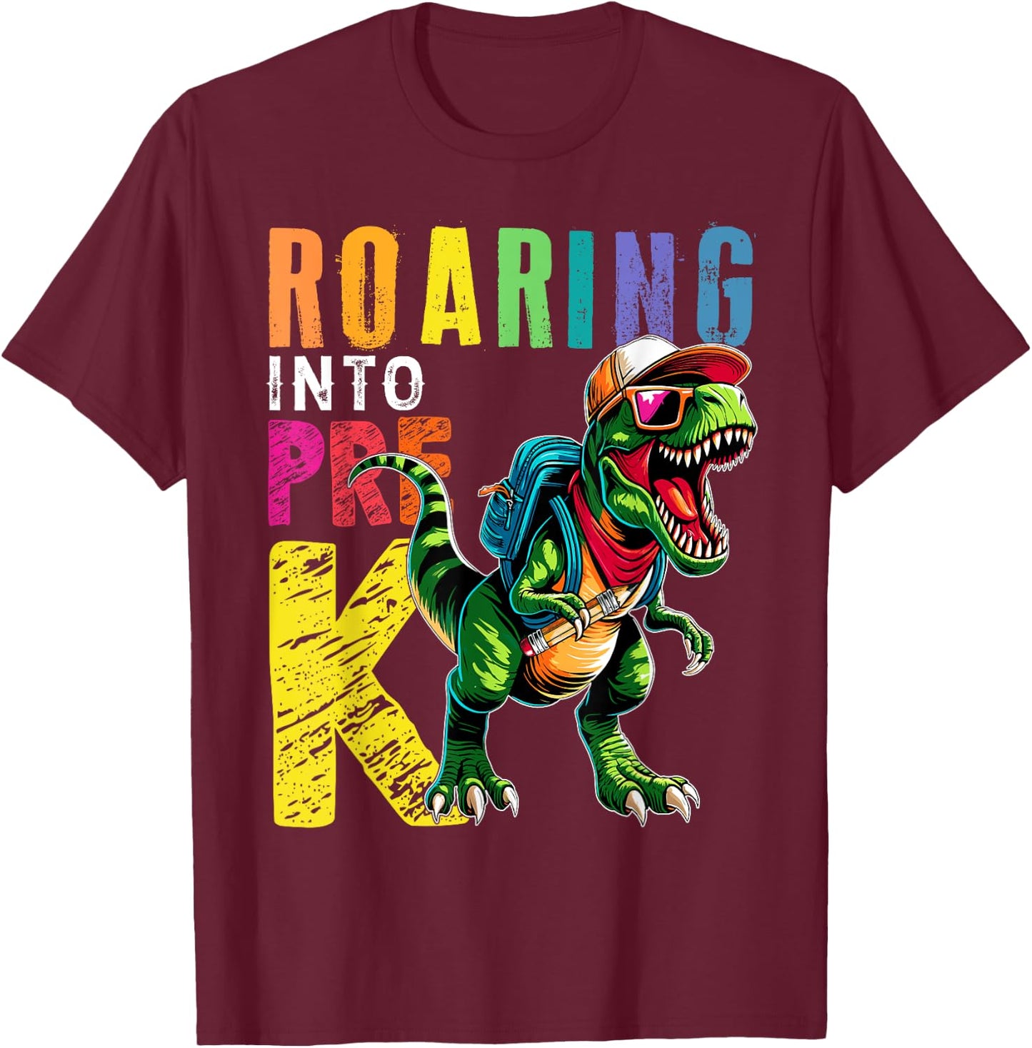 Roaring Pre K T-Rex Gift Back To School Pre K Kids Boys T-Shirt - T-Shirt | Maroon