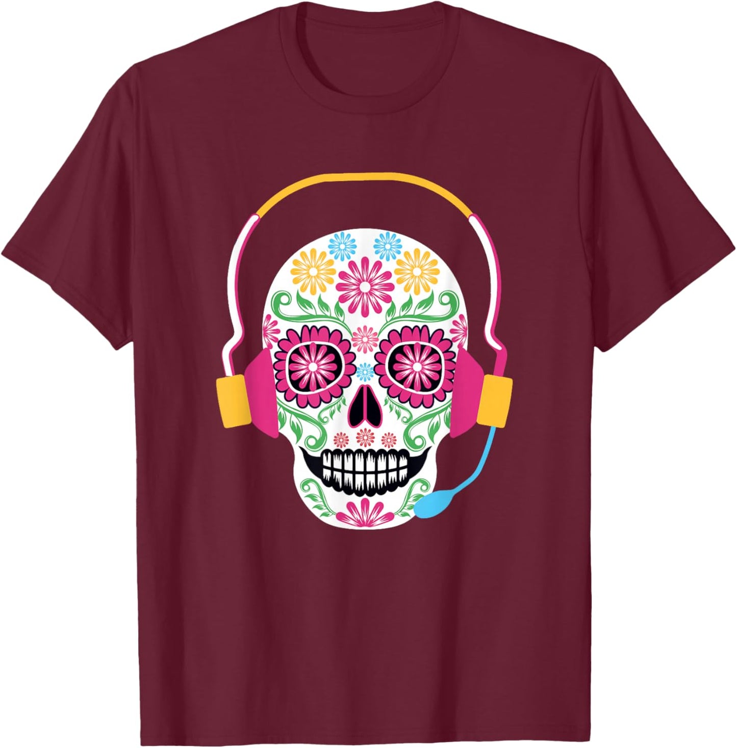 Sugar Skull Headset Day Of The Dead - 911 Dispatcher T-Shirt - T-Shirt | Maroon