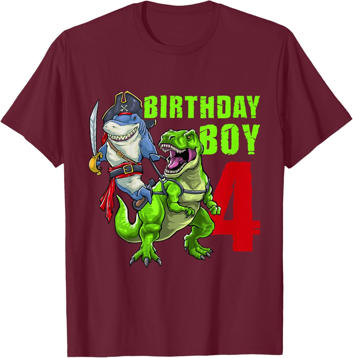 Kids 4th Birthday Boy 4 Years Old Dinosaur Pirate Shark T-Shirt - T-Shirt | Maroon