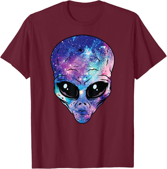 Alien Head Face Starry Night Sky UFO Hunter Space Graphic T-Shirt - T-Shirt | Maroon