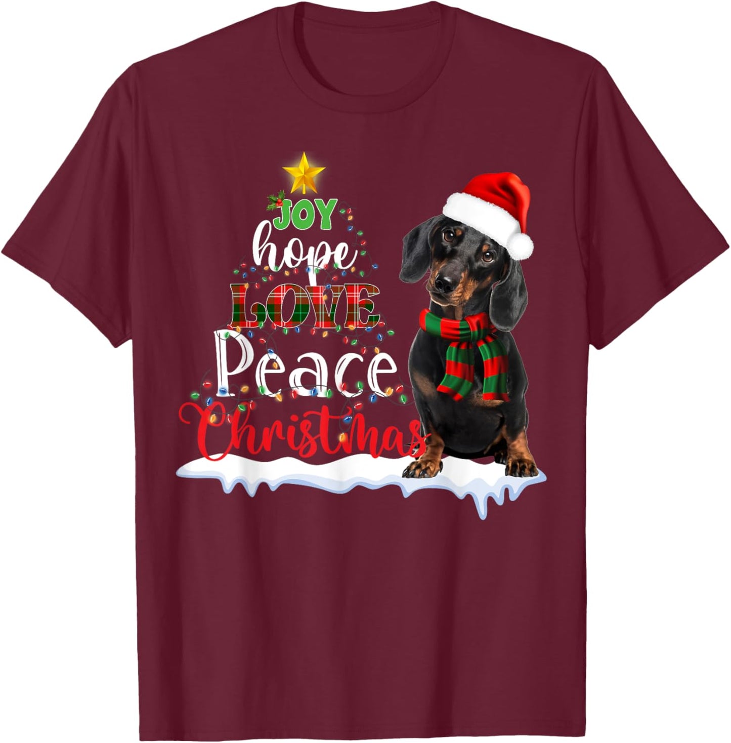 Cute Dachshund Joy Hope Love Peace Christmas Xmas Wiener Dog T-Shirt - T-Shirt | Maroon