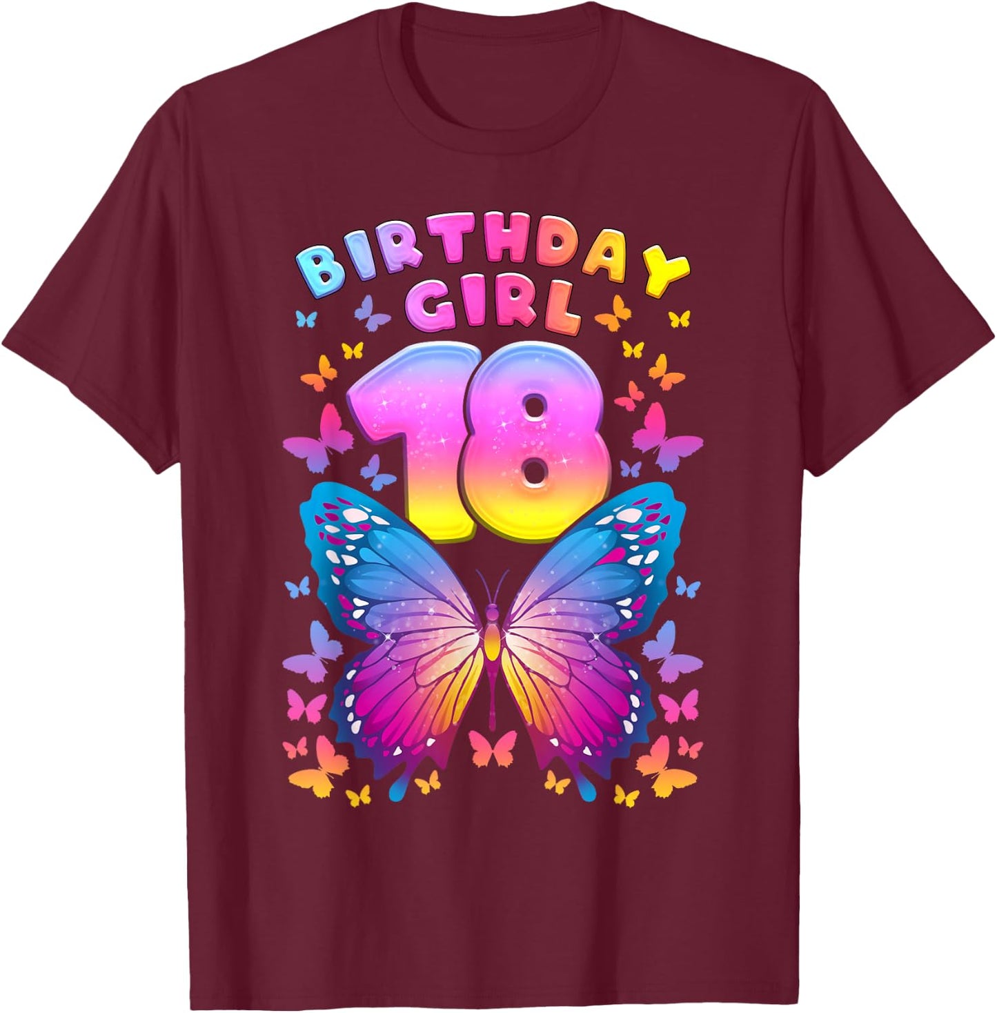 18th Birthday, Girl 18 Years, Butterfly, Number 18 T-Shirt - T-Shirt | Maroon