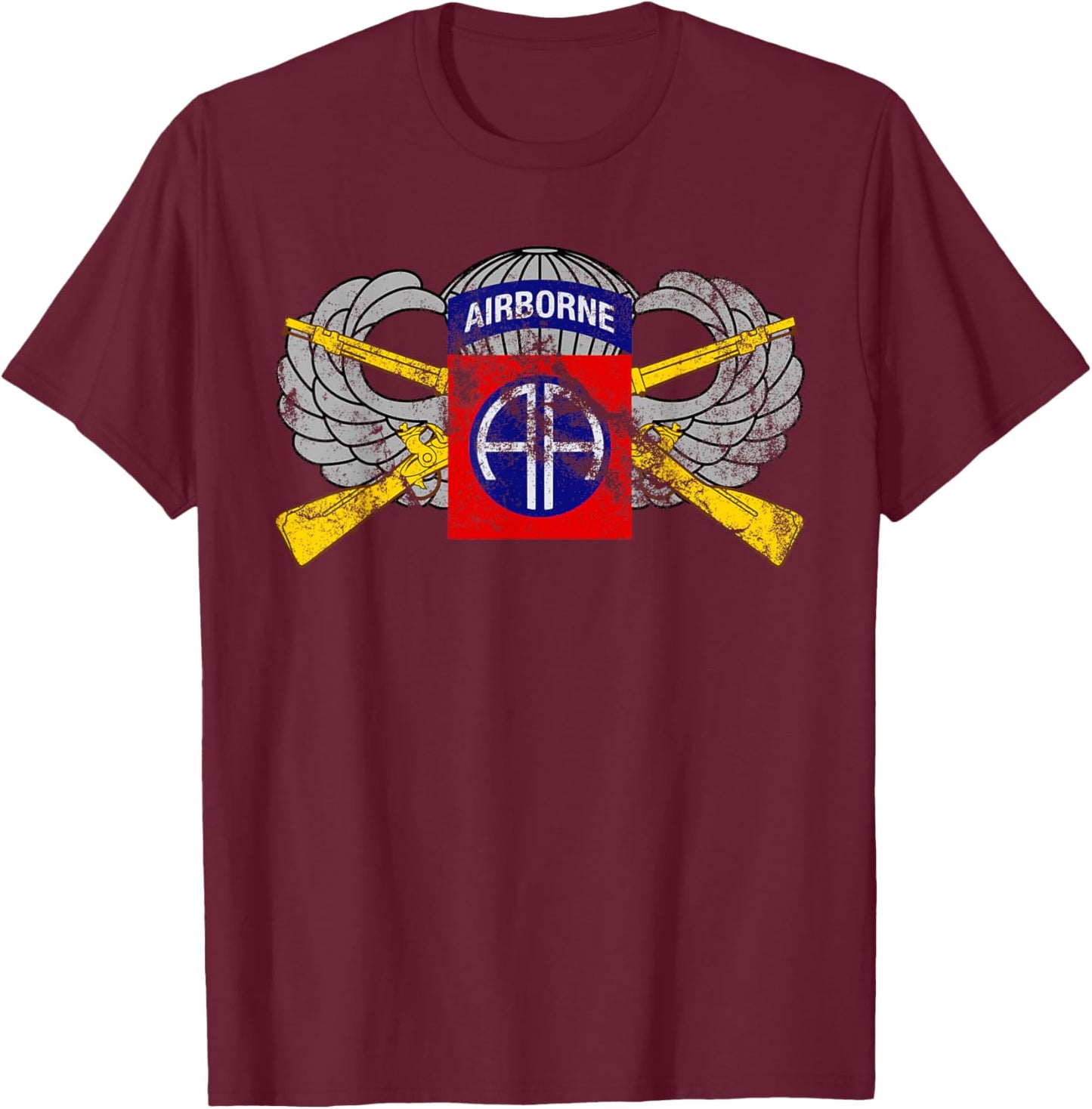 82nd Airborne Infantry Rifles and Parachutist Wings Vintage T-Shirt - T-Shirt | Maroon