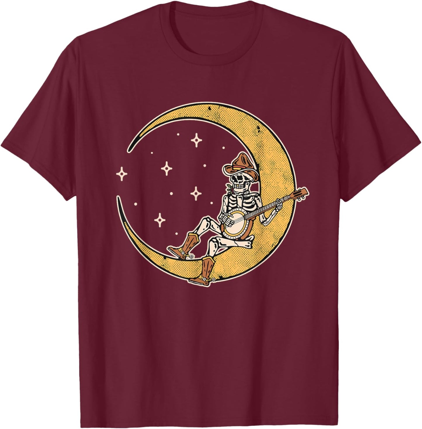 Skeleton Banjo Player Moon Country Music Cowboy Outlaw Funny T-Shirt - T-Shirt | Maroon