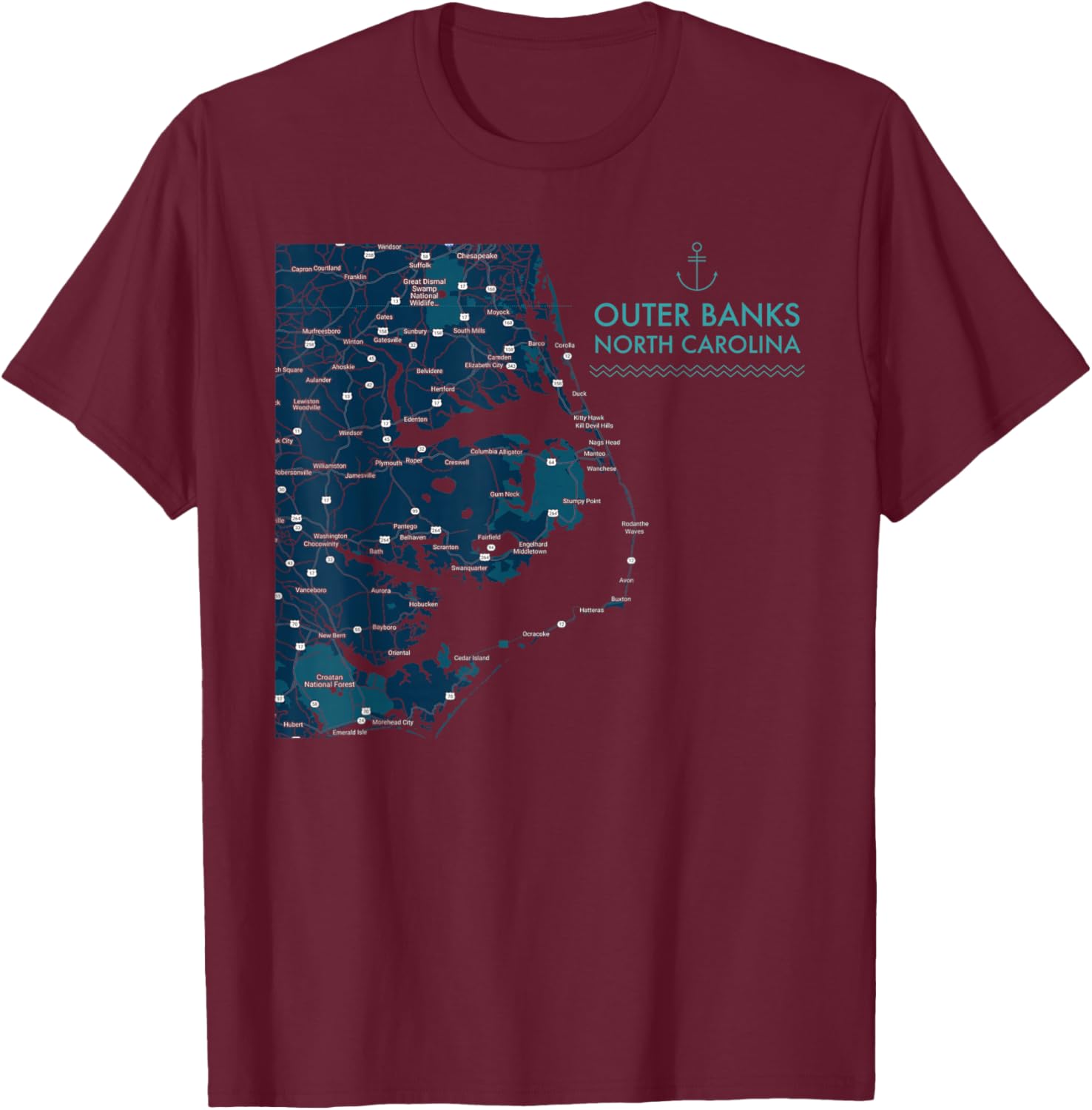 OBX NC Outer Banks Map Duck Corolla Beach Vacation Souvenir T-Shirt - T-Shirt | Maroon