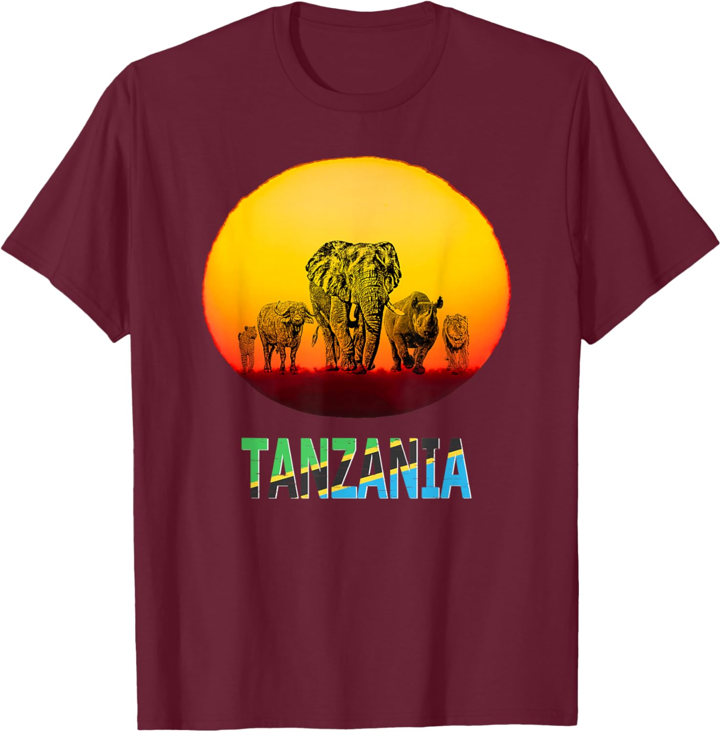 Big Five at Sunset Tanzania Pride T-Shirt - T-Shirt | Maroon