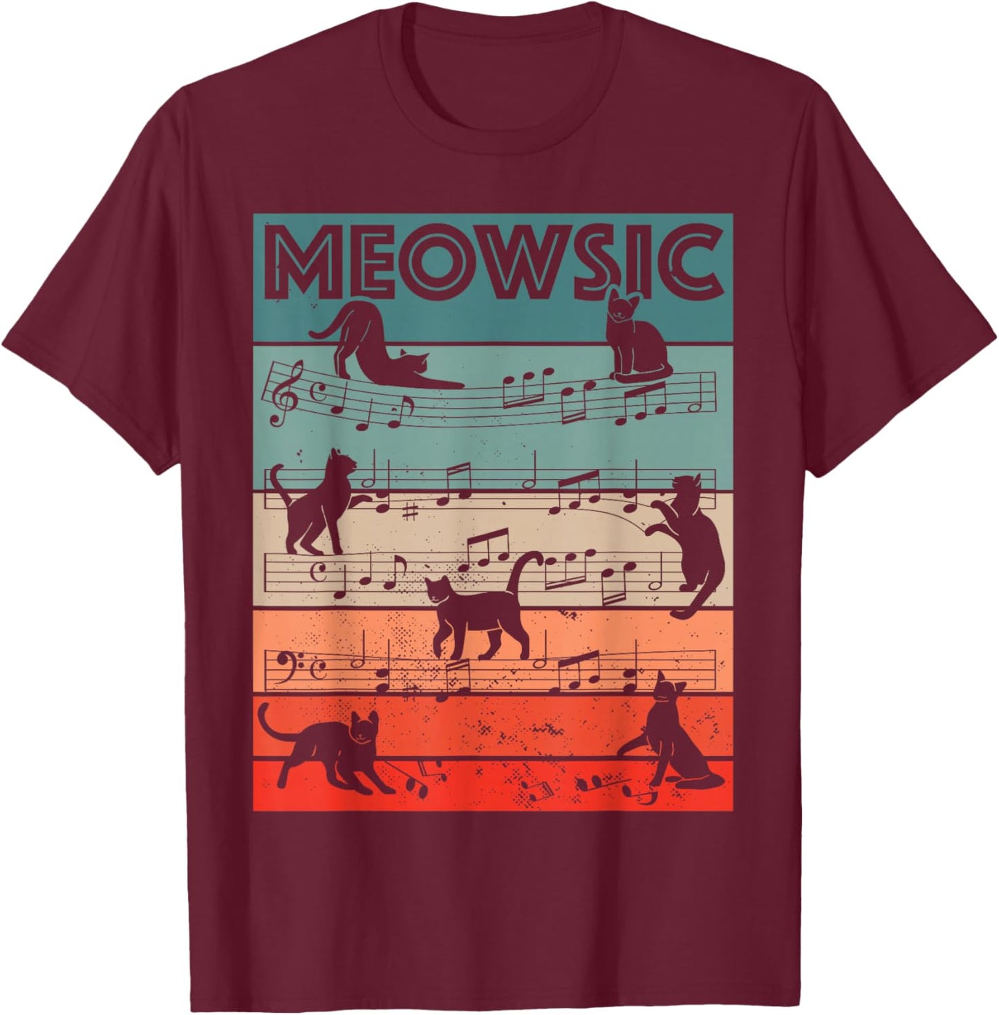 Meowsic Retro Cat Music Notes Musician Pet Lover Design T-Shirt - T-Shirt | Maroon