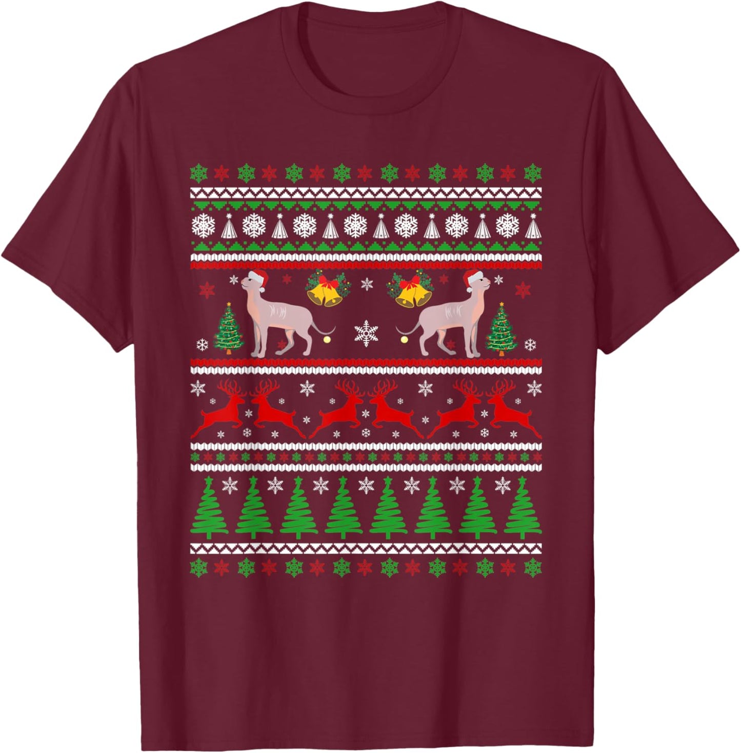 Christmas Sphynx Cat Paw Ugly Xmas Tree Lights Pajama Women Kids T-Shirt - T-Shirt | Maroon