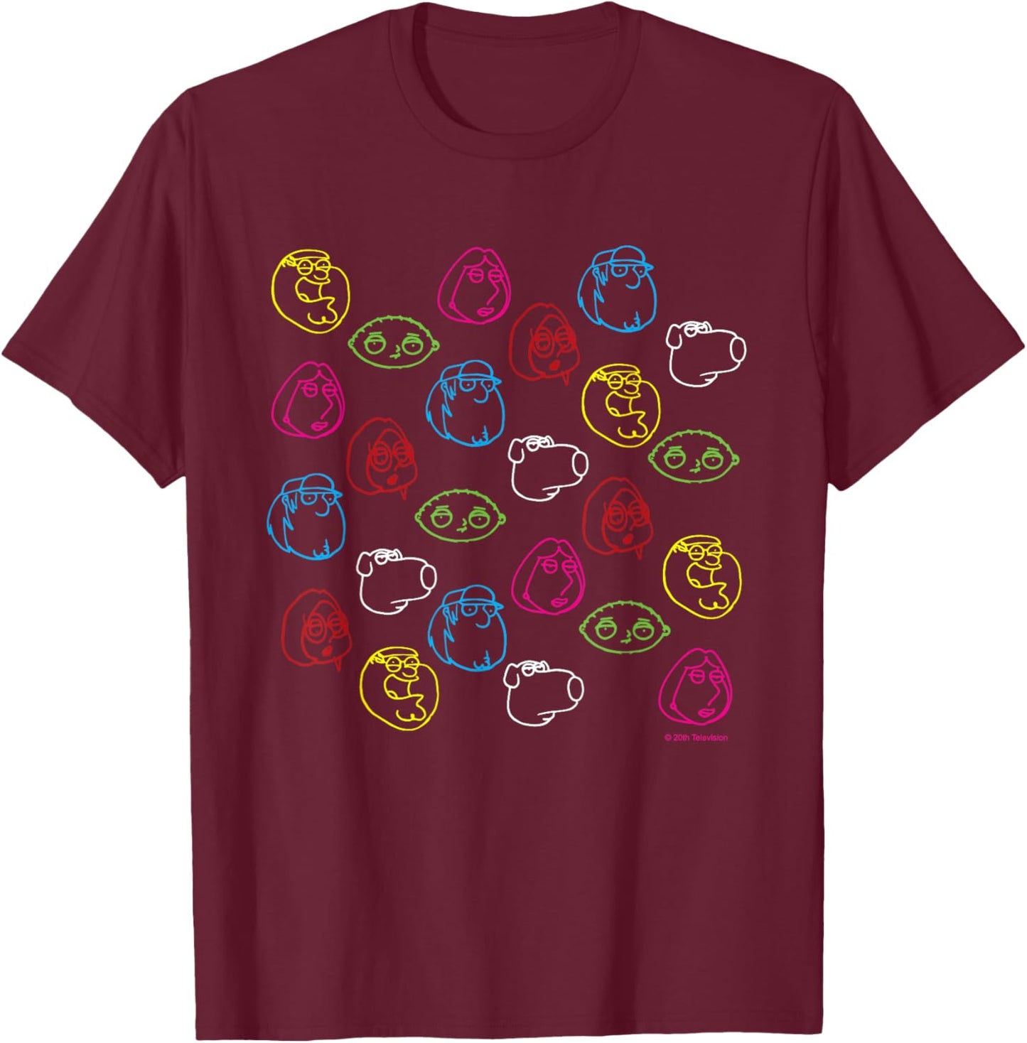 Family Guy Peter Lois Meg Stewie Brian Chris Neon Faces T-Shirt - T-Shirt | Maroon