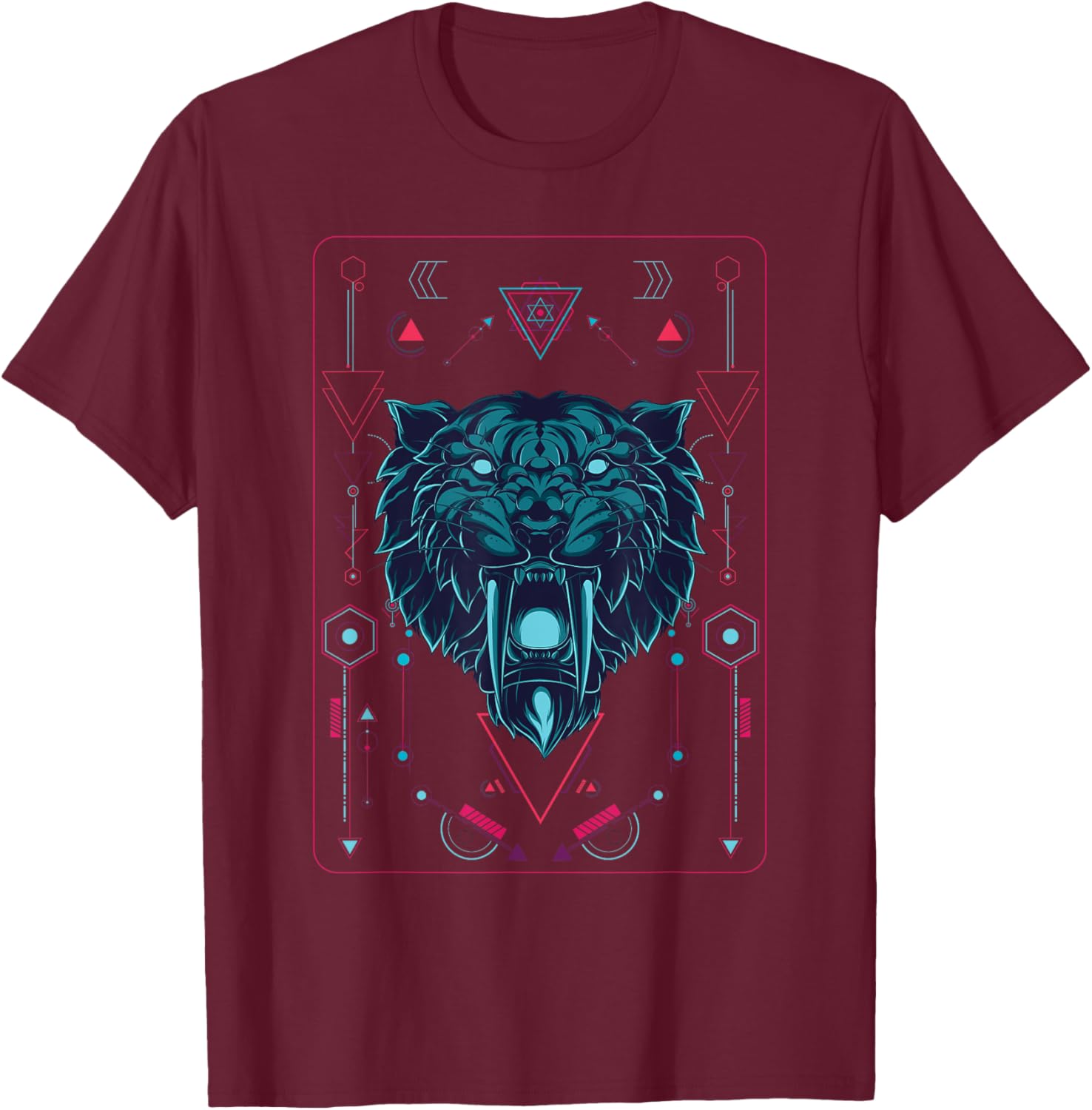 Native American geometric animal sabertooth tiger T-Shirt - T-Shirt | Maroon