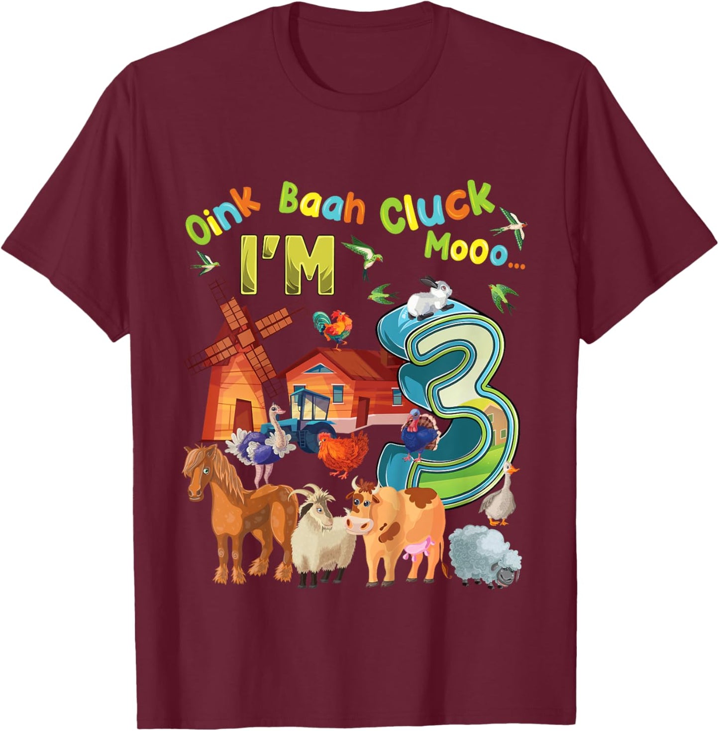 Barnyard 3rd Birthday Farm Animals 3 Years Old Farming T-Shirt - T-Shirt | Maroon