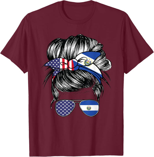 El Salvador Flag American Women Girl USA Heritage Salvadoran T-Shirt - T-Shirt | Maroon