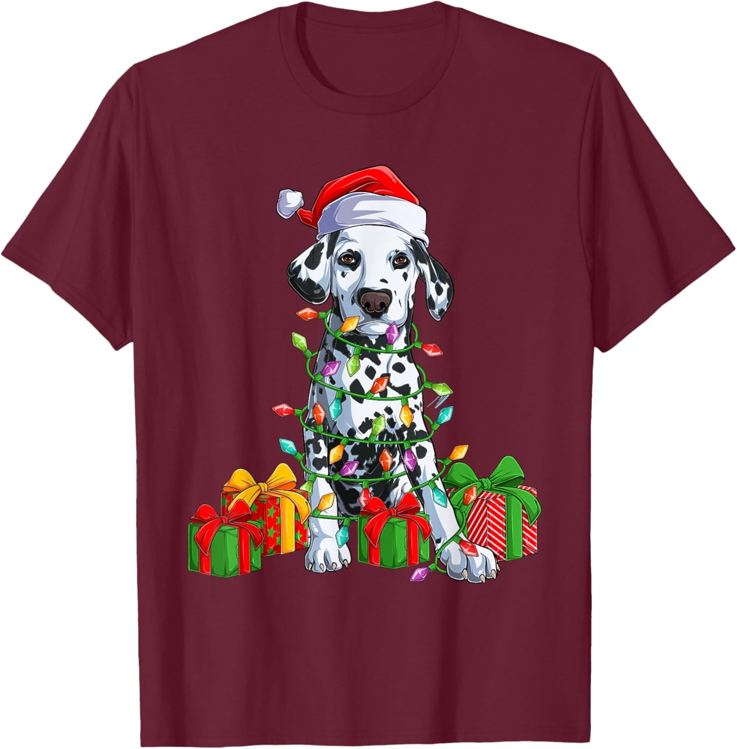Christmas Dalmatian Christmas Tree Lights & Santa Hat Xmas T-Shirt - T-Shirt | Maroon