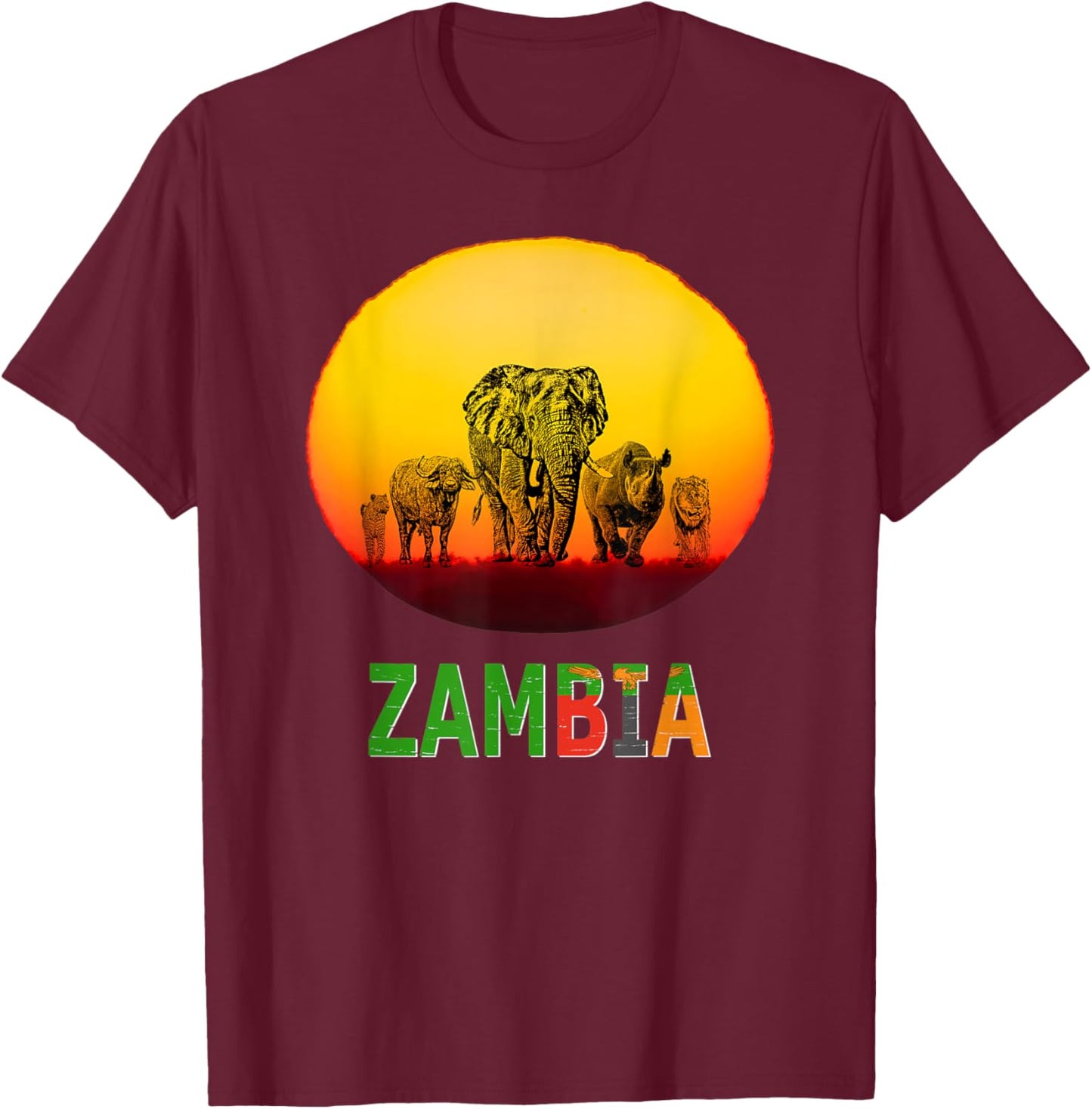 Big Five at Sunset Zambia Pride T-Shirt - T-Shirt | Maroon