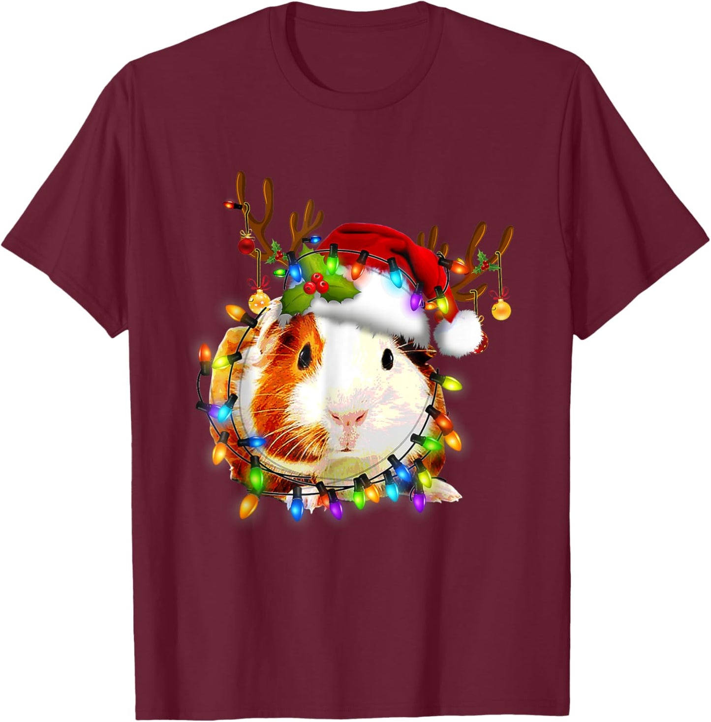 Funny Guinea Pig Christmas Reindeer Christmas Lights Pajama T-Shirt - T-Shirt | Maroon
