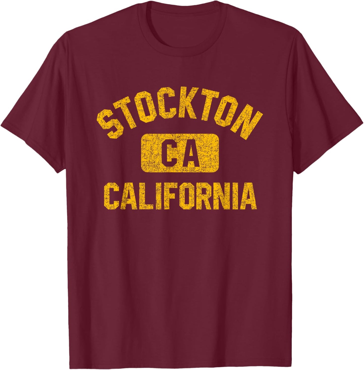 Stockton California Gym Style Distressed Amber Print T-Shirt - T-Shirt | Maroon