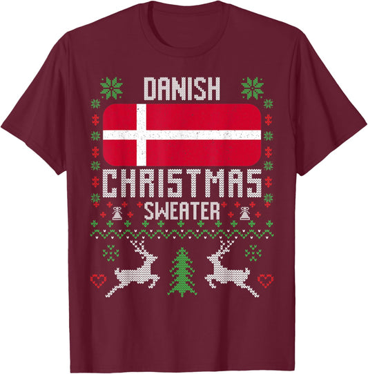 Denmark Flag Danish Christmas Sweater T-Shirt - T-Shirt | Maroon