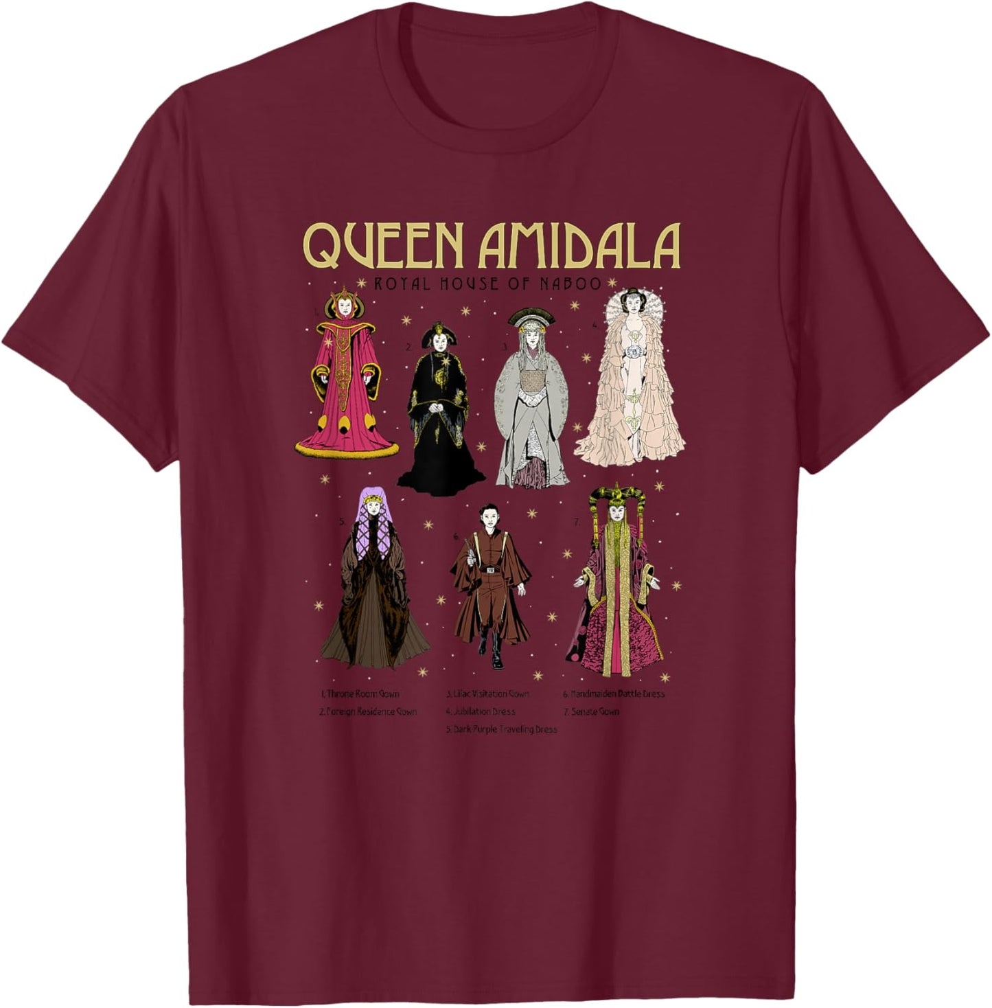 Star Wars Queen Amidala Gowns Textbook Poster T-Shirt - T-Shirt | Maroon