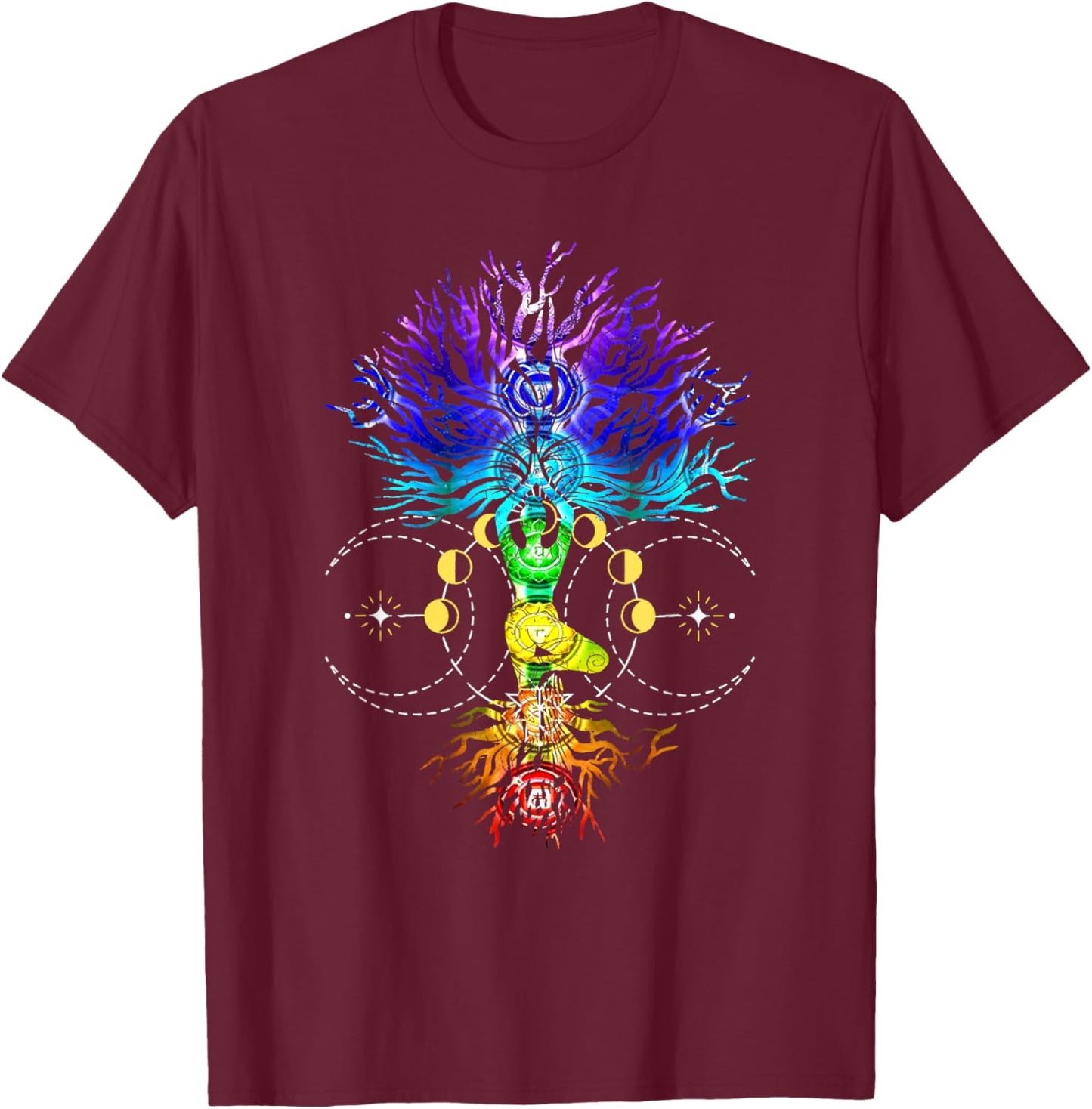 Chakra Tree of Life with Phases Of The Moon Hatha Yoga T-Shirt - T-Shirt | Maroon