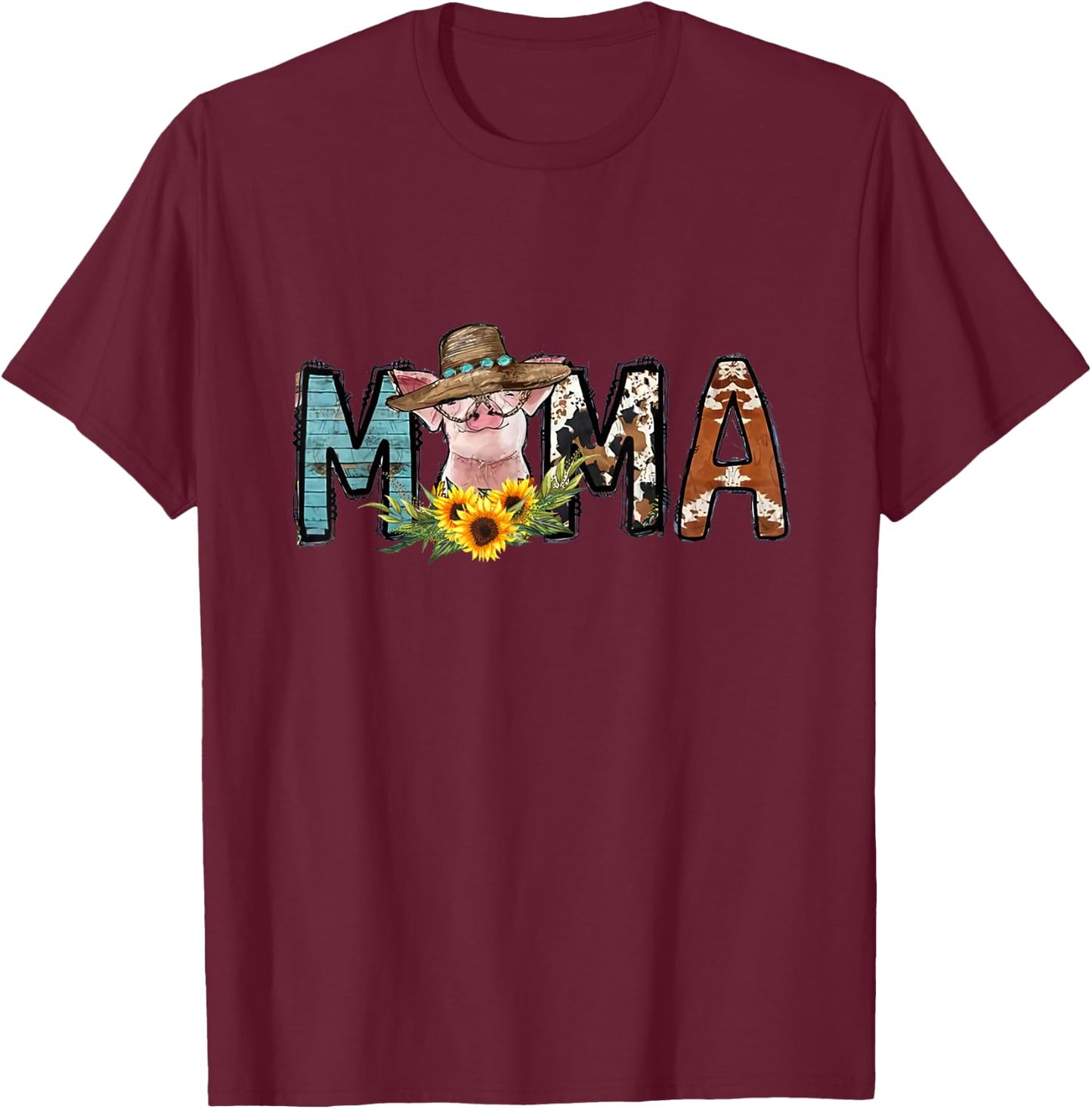 Pig Mama Pig Mom Sunflower Country Farm Life Cowhide T-Shirt - T-Shirt | Maroon